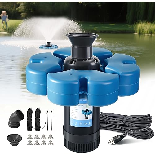 RELIY Pond Fountain Aerator, 1HP 110V 15000 GPH Fountain Pump, Fully Automatic Powerful Lake Floating Fountain, 100 FT Power Cord, 2x100 FT Traction Rope, Pond Fountains For Large Ponds