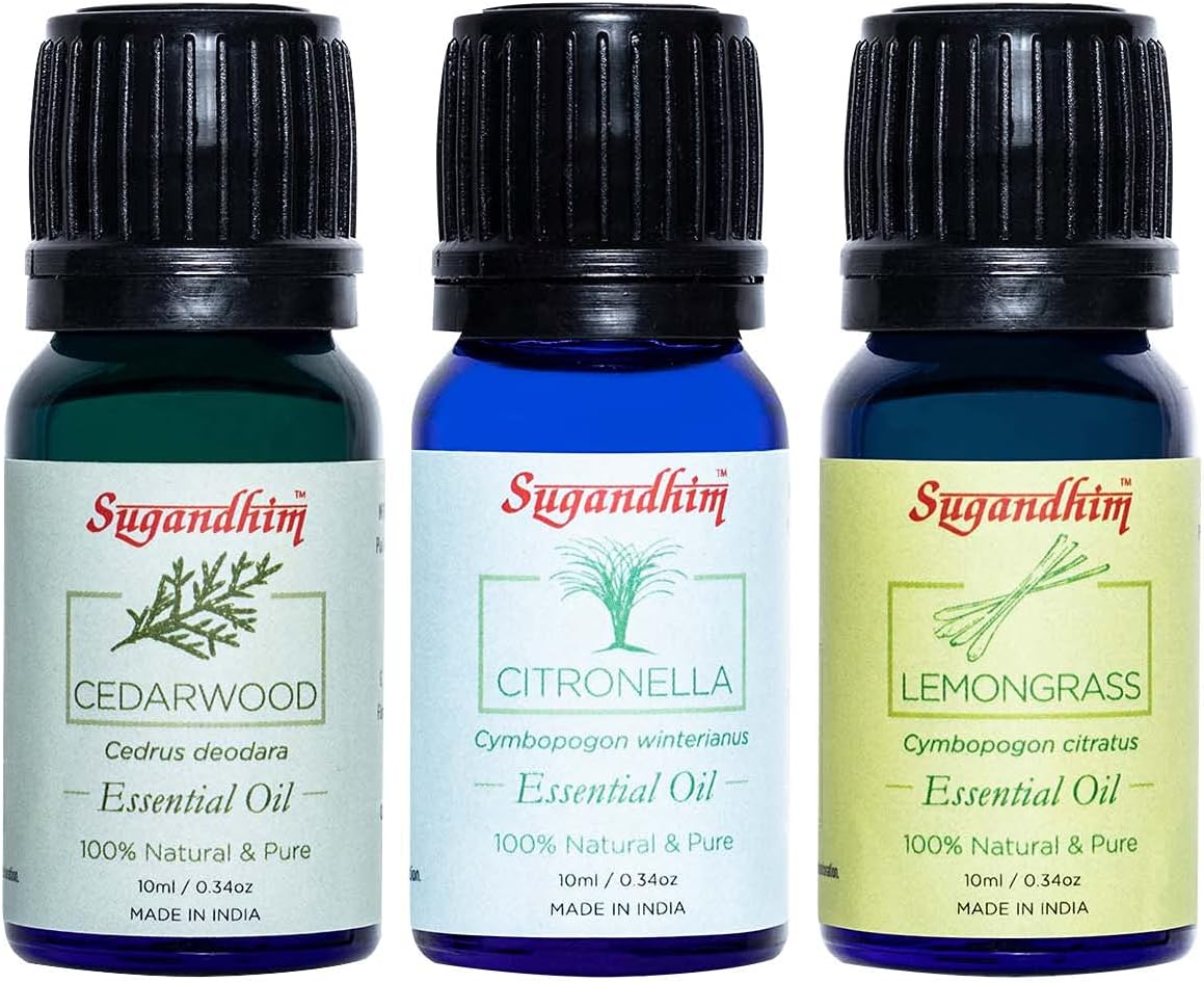 Sugandhim Lemongrass, Citronella, Cedarwood Essential Oil, 3 x 10ml, Steam Distilled, Aromatherapy, 100% Pure, Natural & Undiluted, Aroma Diffuser, Anti-Dandruff, Acne, Mosquito Repellent
