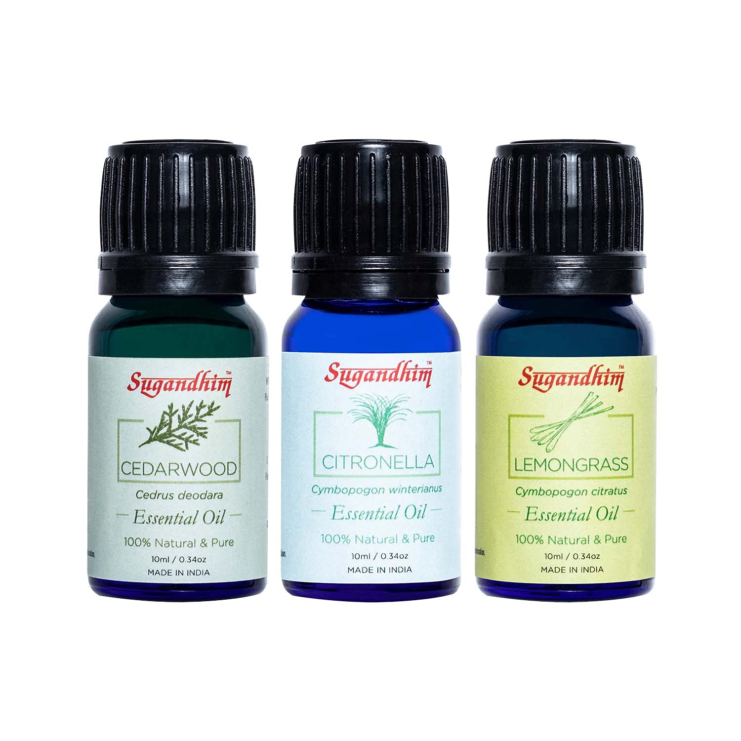 Sugandhim Lemongrass, Citronella, Cedarwood Essential Oil, 3 x 10ml, Steam Distilled, Aromatherapy, 100% Pure, Natural & Undiluted, Aroma Diffuser, Anti-Dandruff, Acne, Mosquito Repellent