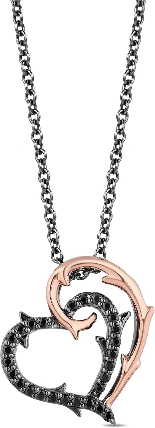 Jewelili Enchanted Disney Fine Jewelry 10K Rose Gold and Black Rhodium over Sterling Silver Maleficent Heart Pendant with 1/5 CTTW Black Diamonds