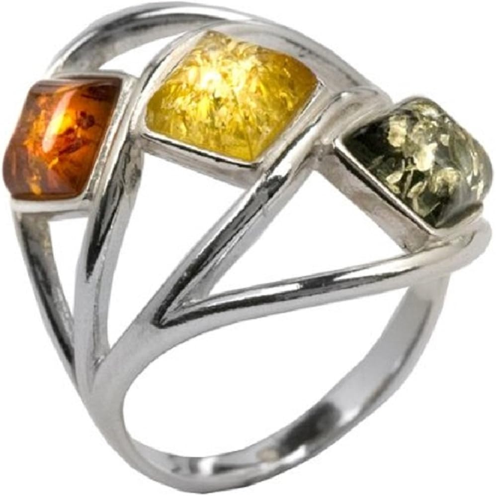 Amazon | マルチカラー琥珀とスターリングシルバークラシックリング