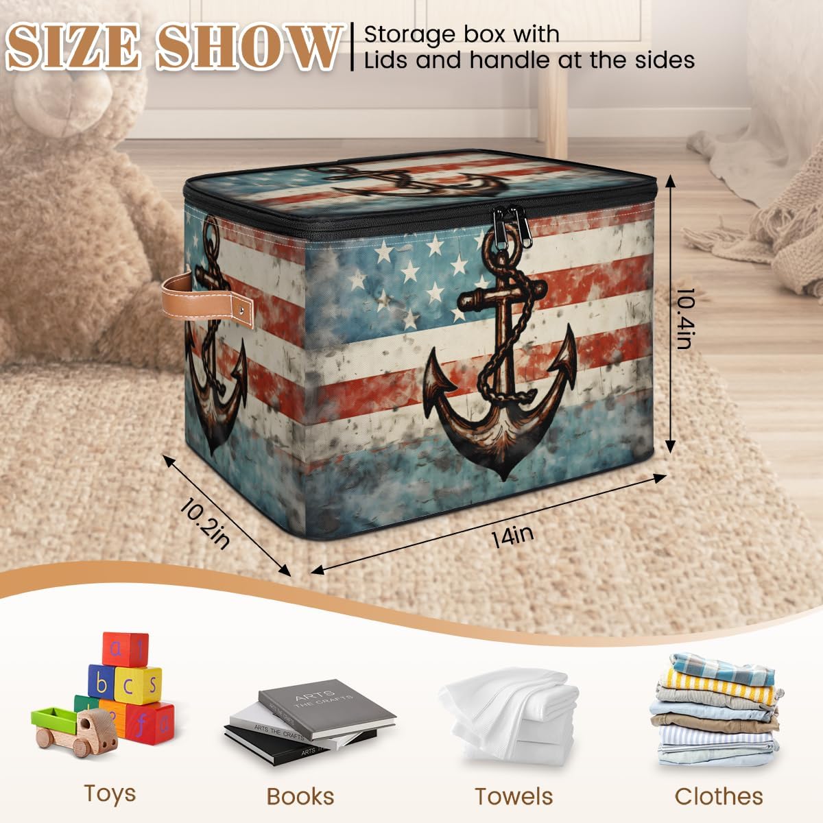 Storage Bin Set of 2 US Flag Anchor Storage Basket with Zipper Lid & Handle Foldable Closet Shelf 2 Pack Cloth Organizer Basket Cube Bins Clothes Organizer for Nursery, Bedroom