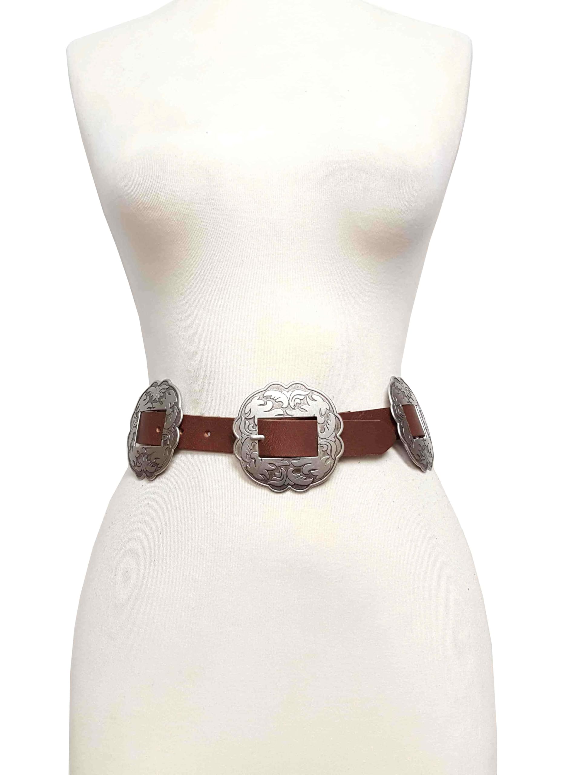 AXESORIA: Genuine Leather Belt with Matching Western Floral Shape Concho Brown 32