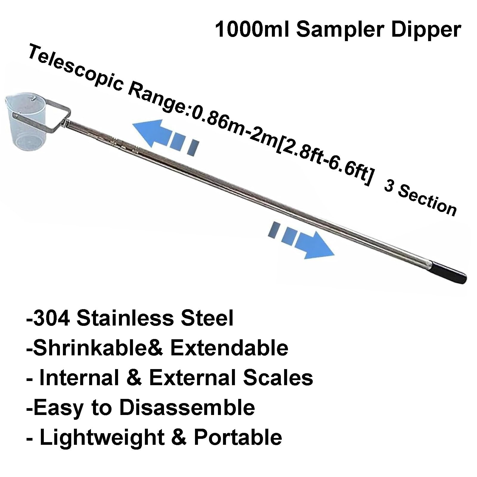 Campionatore telescopico per acqua, 1000 ml, regolabile, in acciaio inox e polipropilene, per la pulizia della piscina, campionamento dell'acqua e scrematura
