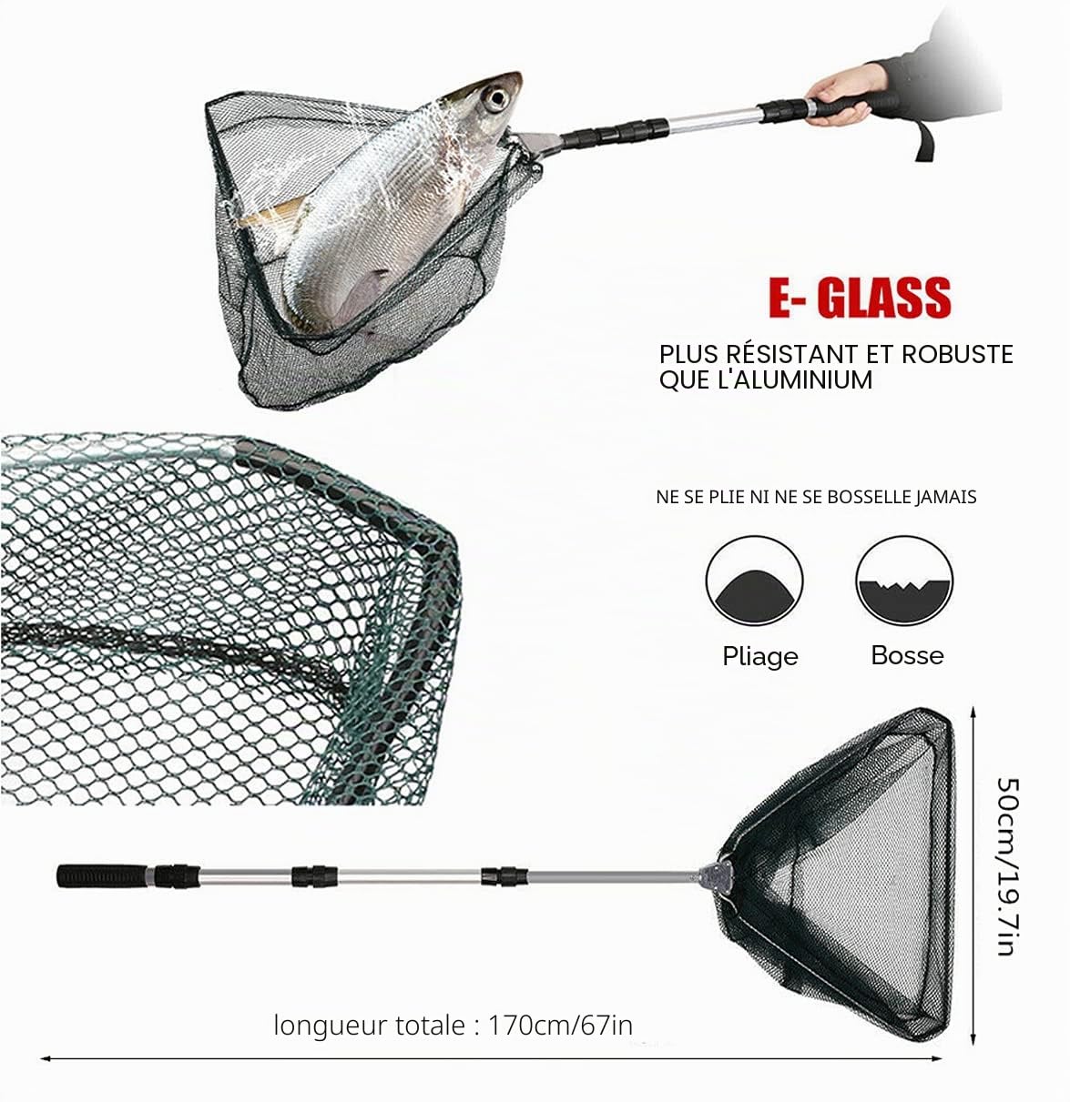 Épuisette de Pêche, Xndryan 170cm/130cm Long Manche Épuisette Téléscopique, Épuisette Pliable pour Pêche à La Carpe Truite Crevette Etang Bassin Poisson