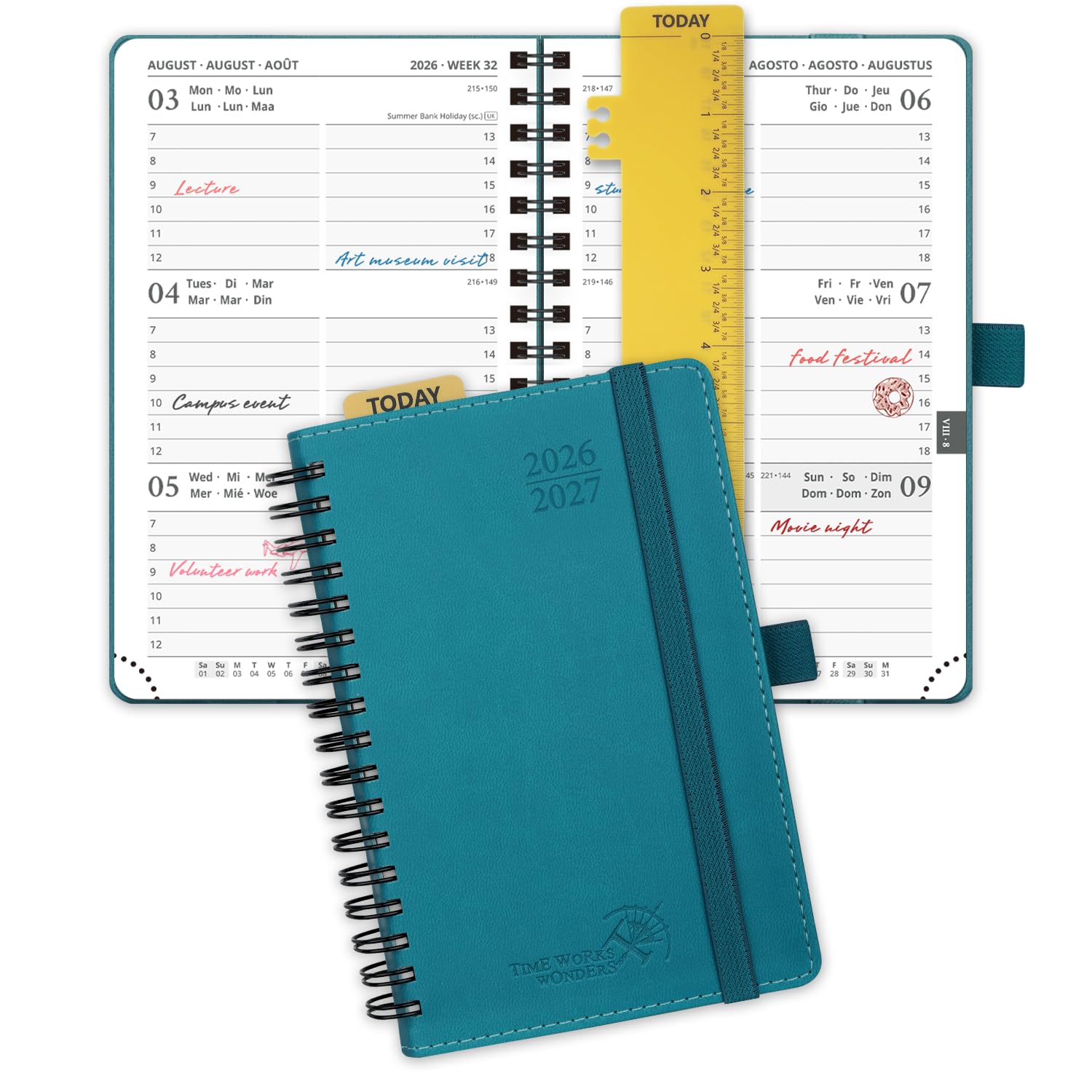 POPRUN Academic Pocket Diary 2026-2027 A6 (16x10.5 cm) Week to View Soft Cover Spiral 17 Months (Aug'26 - Dec'27) Small for Bag,Mid Year Weekly PU Leather Planner(Pacific Green)
