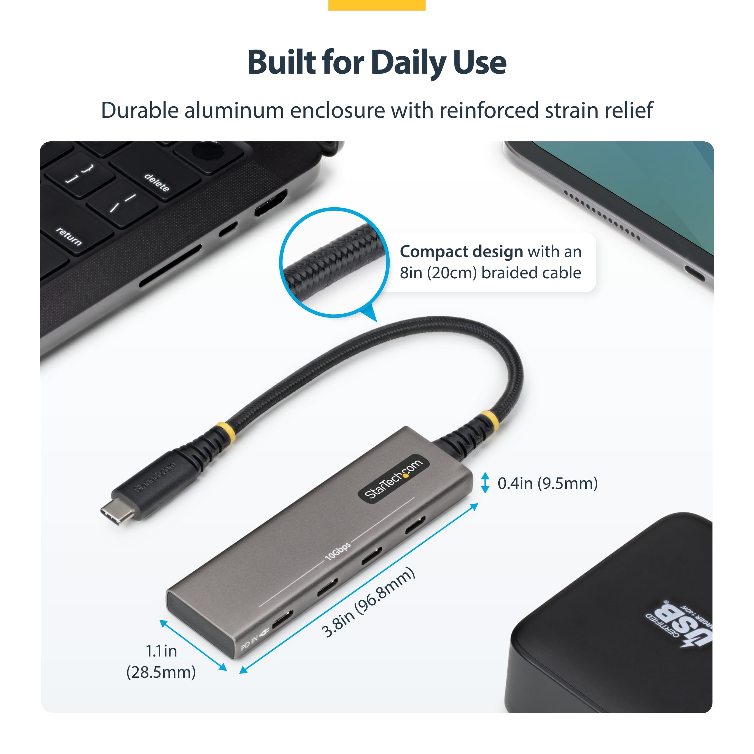 StarTech Hub USB-C 4 Ports 10Gbps, Recharge PD 100W (309B-USBC-HUB) | Station d'accueil, dock, Aluminium PCR, MacBook, Dell, iPad