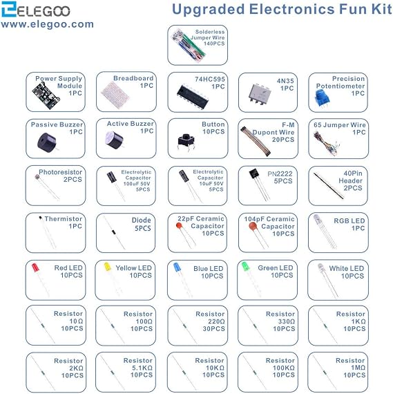 ELEGOO Upgraded 300+ Electronics Fun Learning Set Compatible with Arduino IDE Power supply module potentiometer jumper cable resistors breadboard etc for maker & DIY projects