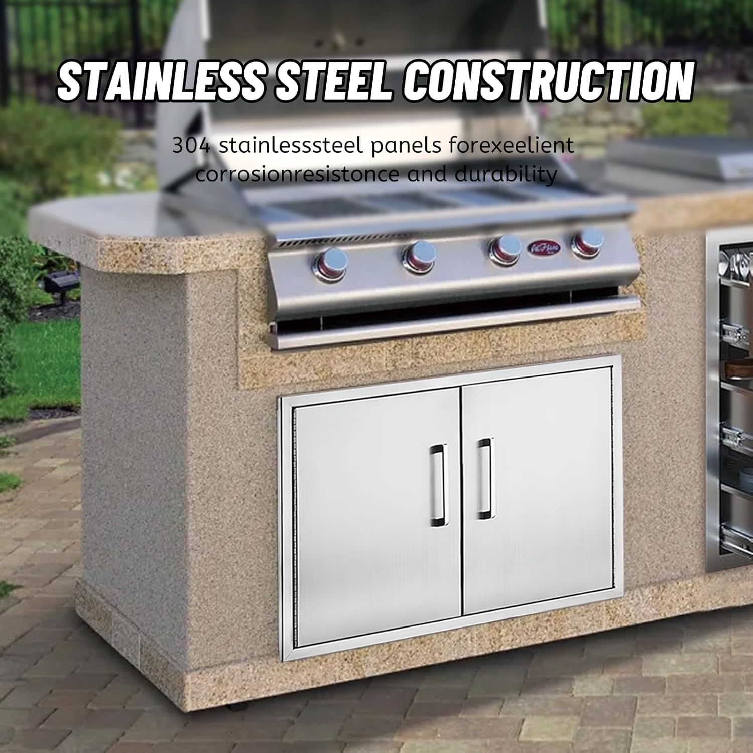 Stainless Steel Outdoor Kitchen Cabinet, Double Door Dry Storage Pantry for BBQ Island, Patio Grill Station, 30" W x 21" H x 21" D