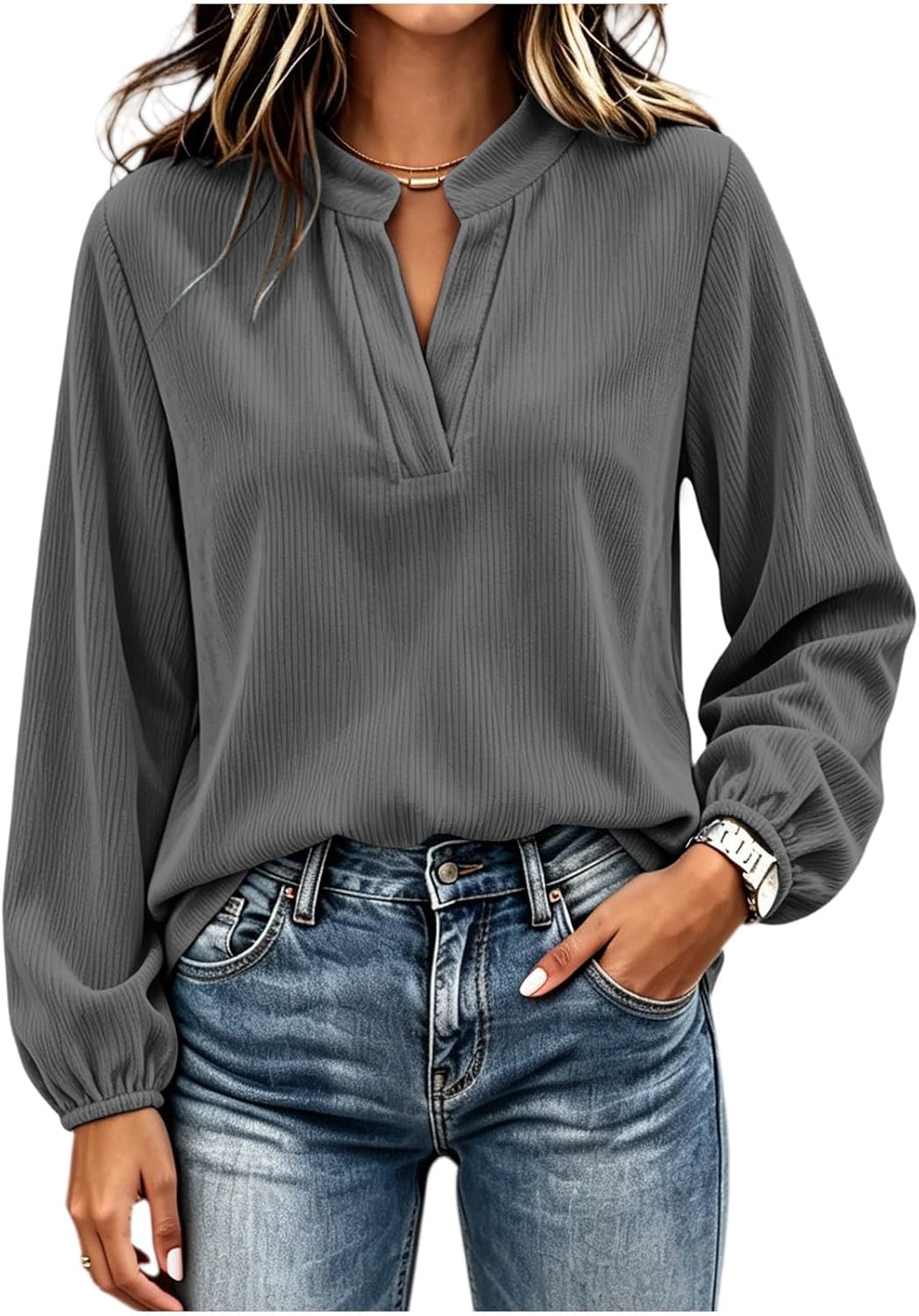 Women's Notched V Neck Ribbed Blouse Long Sleeve Loose Casual Shirt