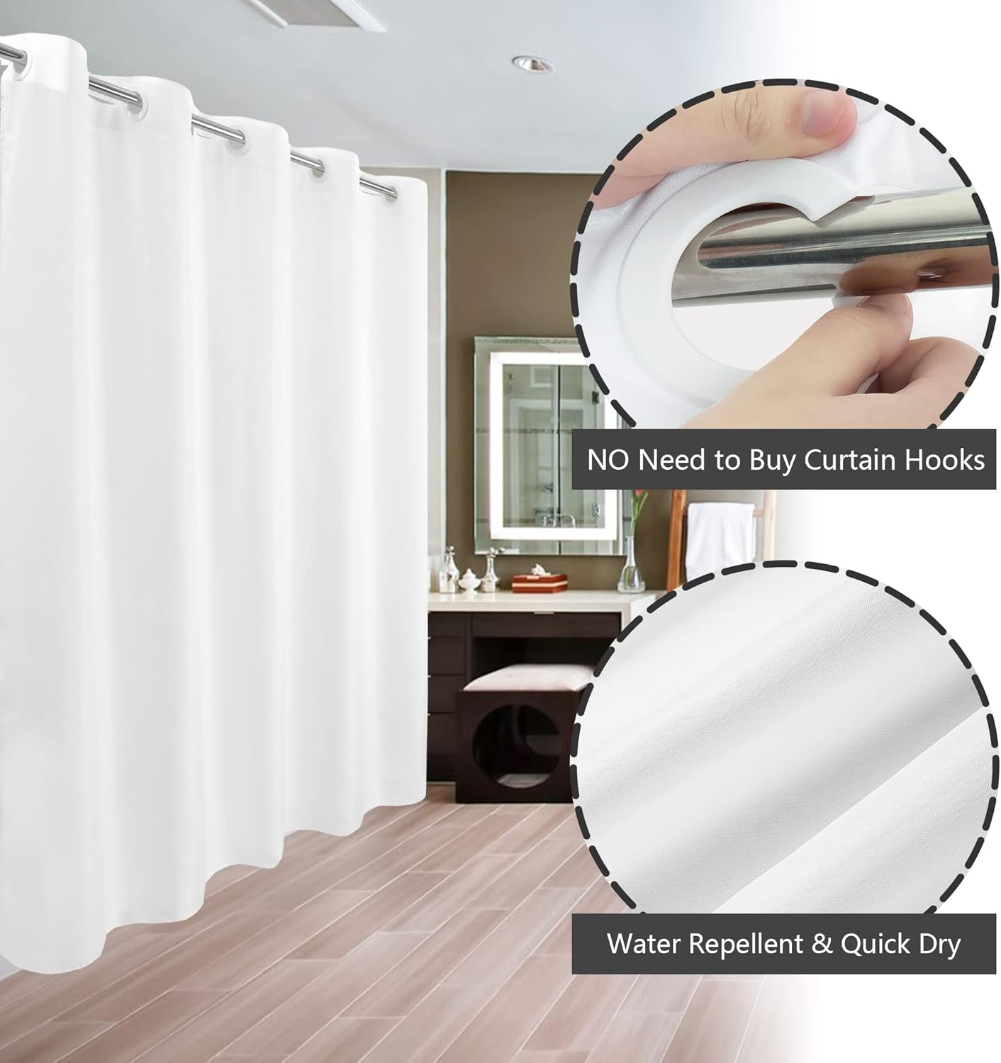 Extra Long No Hook Shower Curtain or Liner Soft Microfiber - Fabric Shower Curtain Liner Set, Machine Washable & Water Repellent, White, 71x98