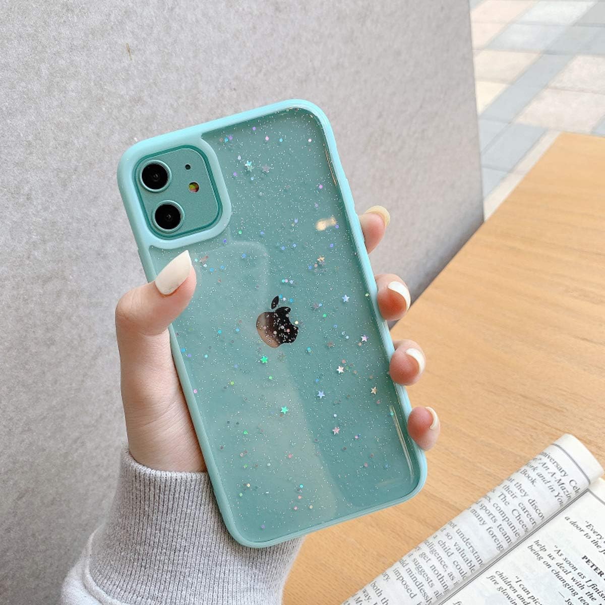 Ownest Compatible with iPhone 12,iPhone 12 Pro Case (6.1 Inch),Clear Sparkly Bling Star Glitter Design for Women Girls Soft TPU Shockproof Anti-Scratch Case for iPhone 12/iPhone 12 Pro-(Mint Green)
