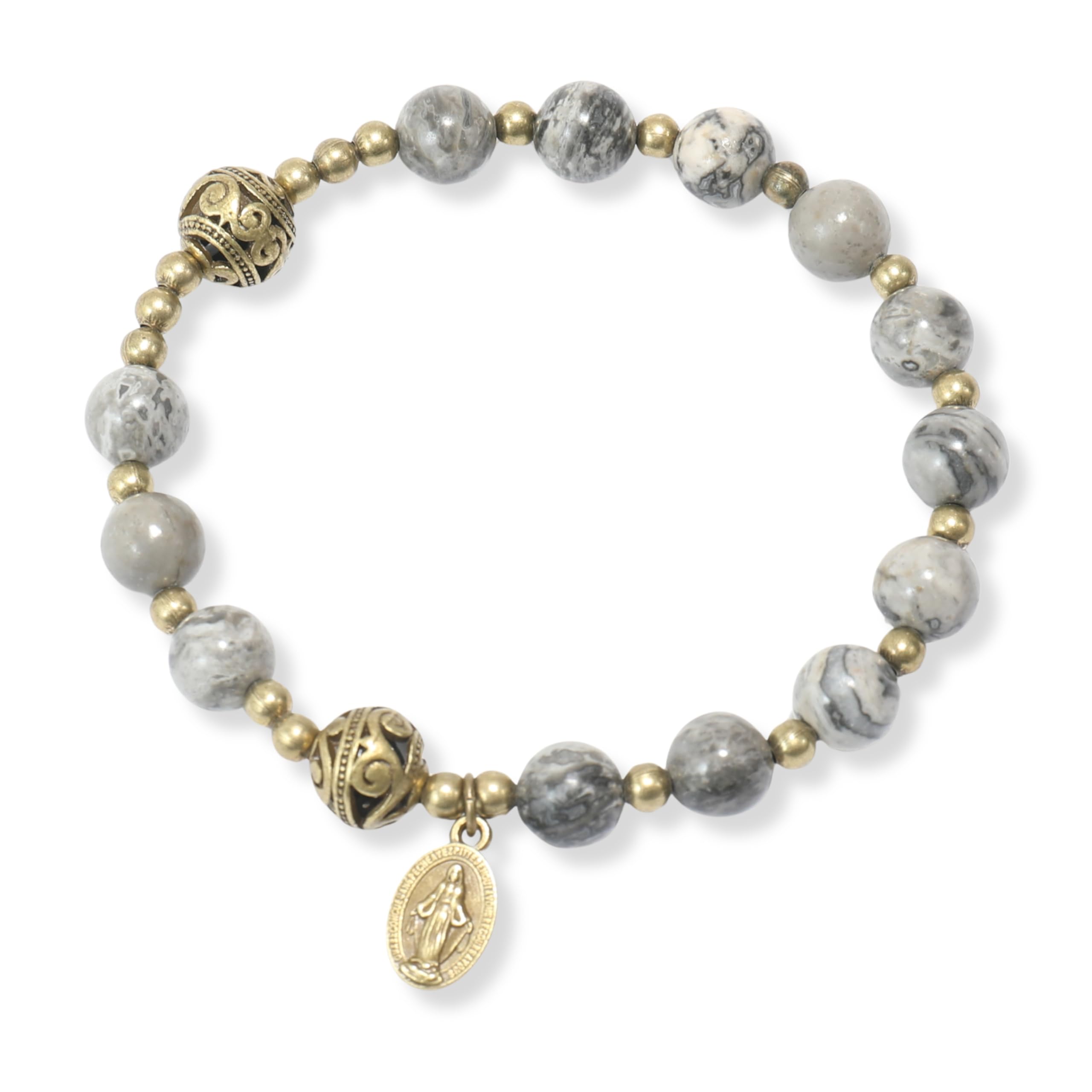 Stone Beads Rosary Bracelet with Metal Separators and Catholic Medal - Durable and Elegant Wrist Jewelry-image-30