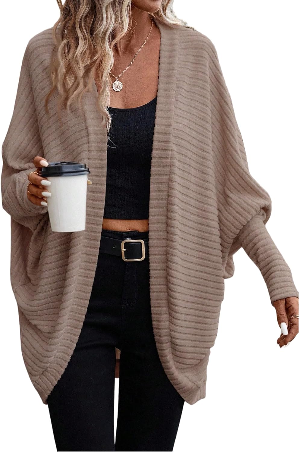 Womens Oversized Slouchy Cardigan Sweaters Warm Cozy Waffle Knit Open Front Boho Batwing Trendy Cardigan for Women 2025 Fall