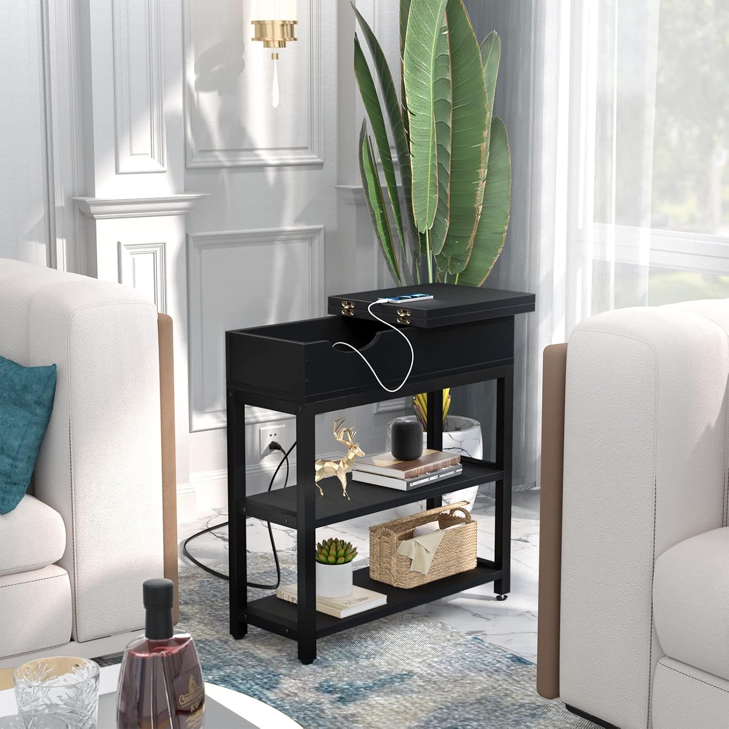 Aheaplus End Table, Sofa Table Narrow Flip Top with USB Ports &Outlets for Small Spaces, Side Table with Storage Shelves, Nightstands with Metal Frame for Living Room, Black