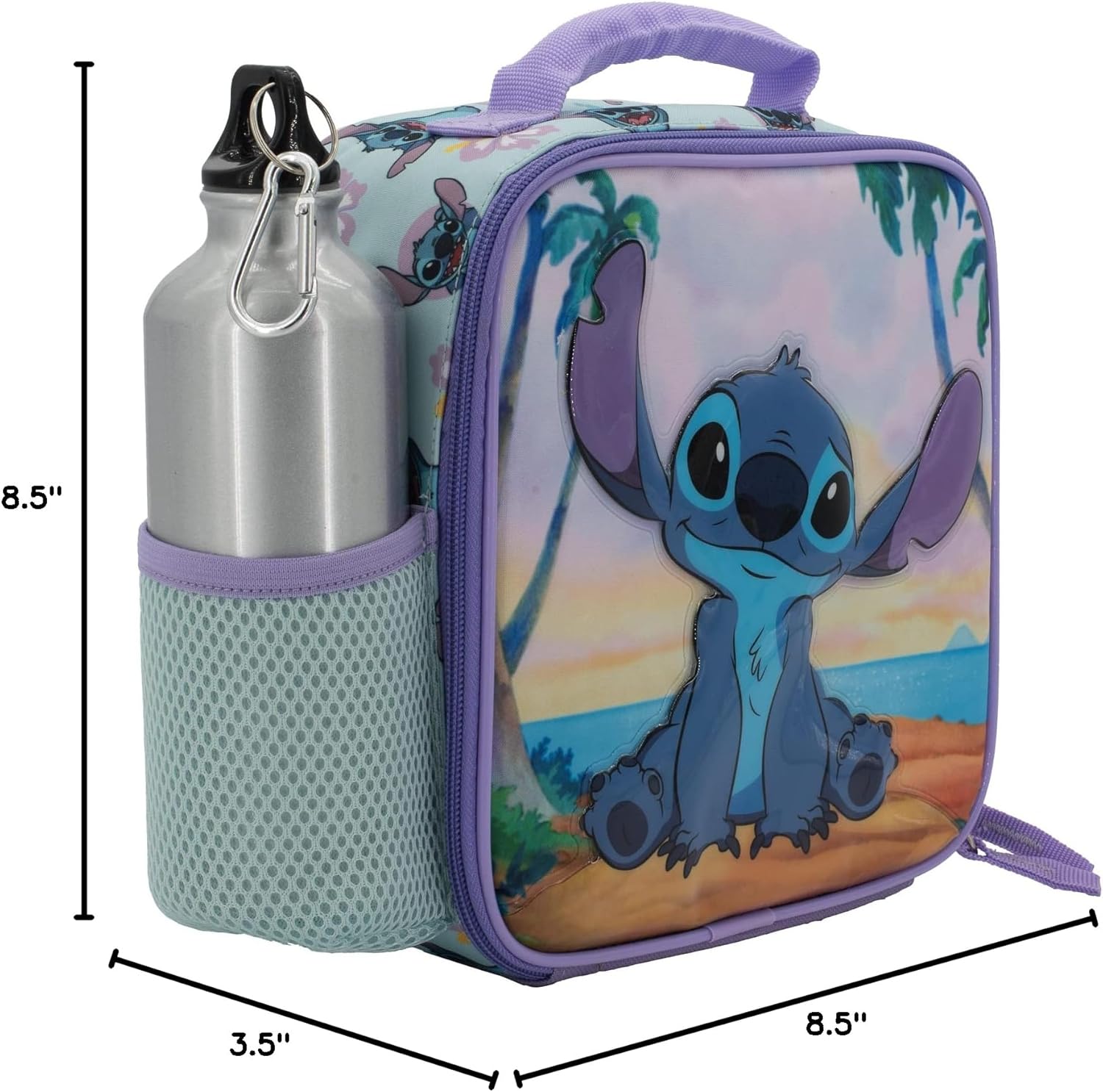 Disney Stitch Lunch Box Set for Boys & Girls, Stainless Steel Water Bottle with Carabiner Clip and Ice Pack, Insulated & Waterproof Lunch Bag with Zipper, 4 Pieces