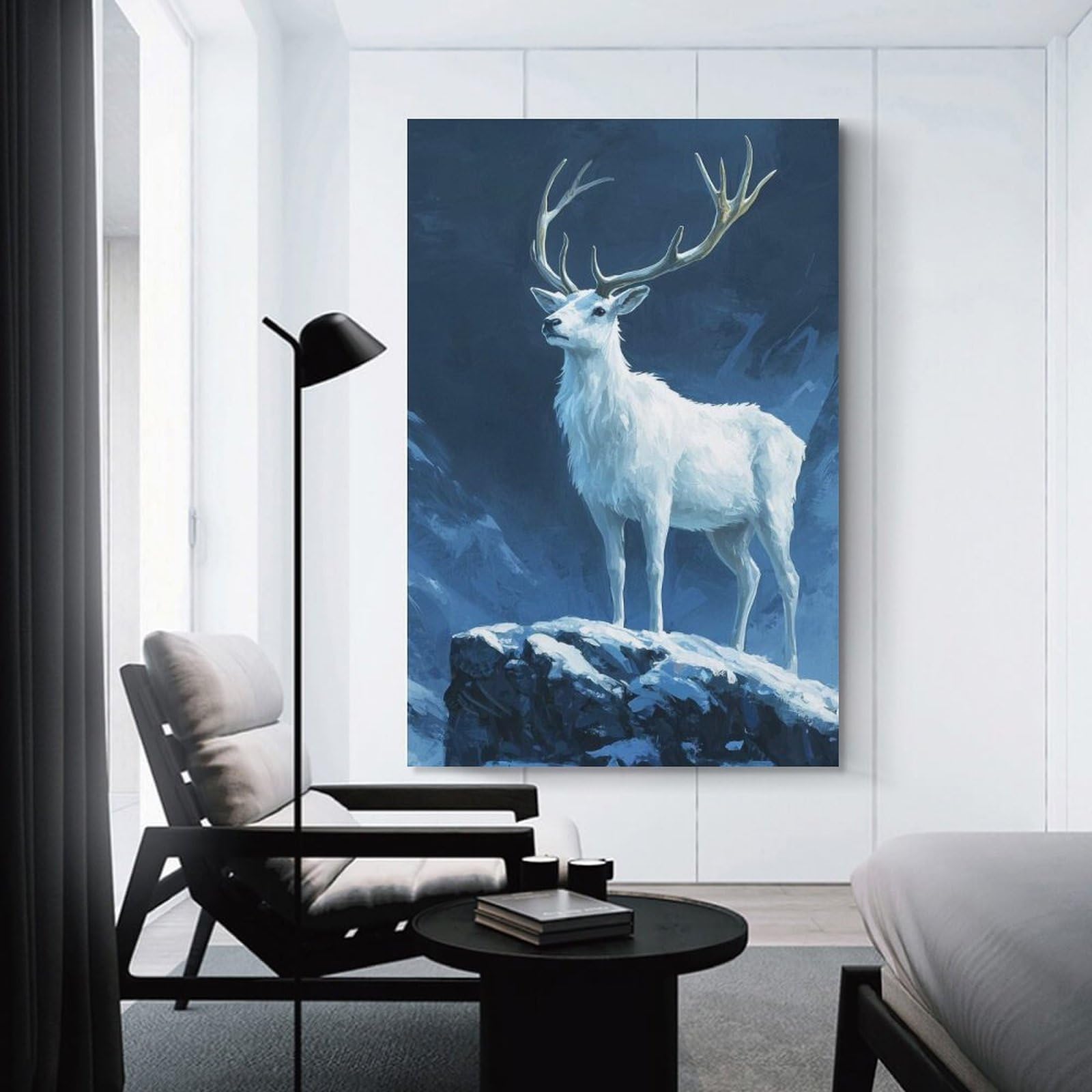 Junmoney Unframe-Style-20 White Stag In Snowy Mountains Canvas Wall Art 20X30inch(50X75cm), For Workspace Walls, Study Corners Or Bedrooms, Wall Art That Adds Style To Work Areas