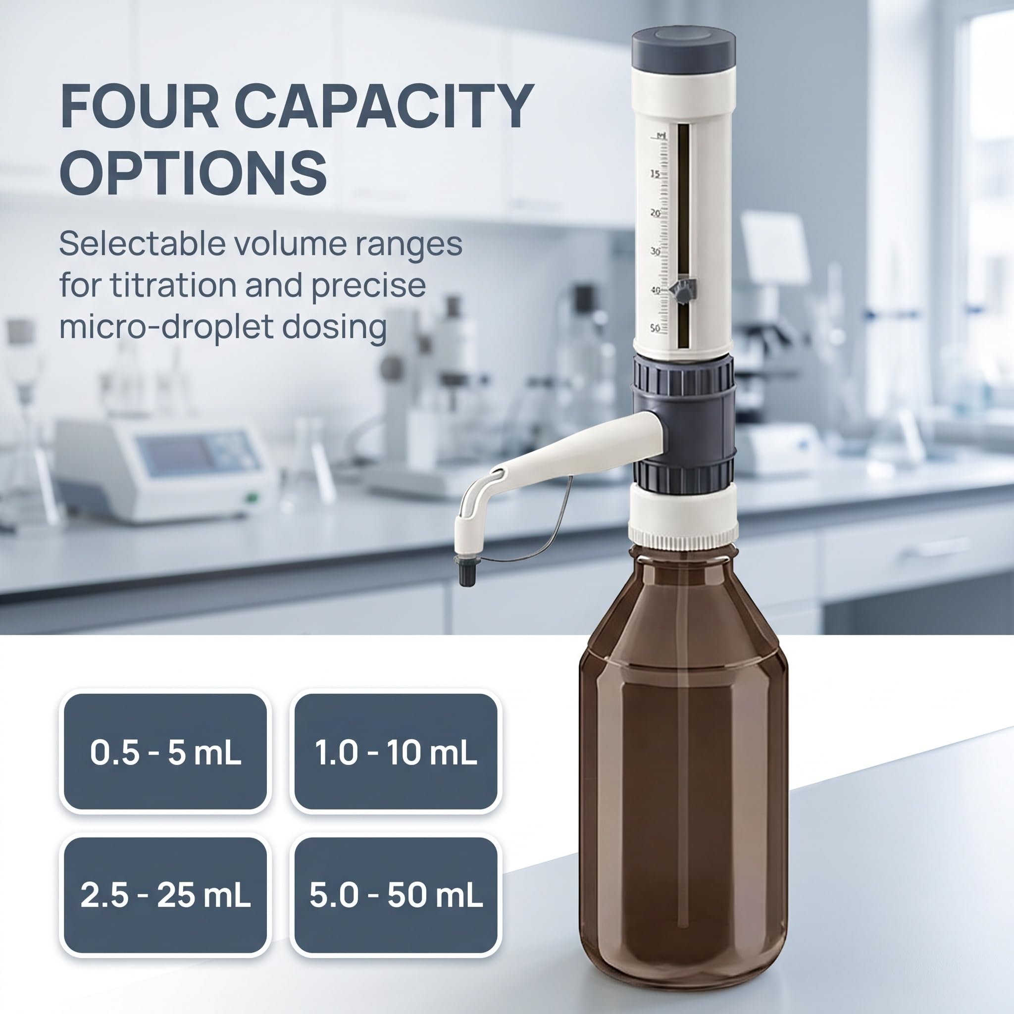 Distributeur De Liquide pour Flacon, Doseur De Réactifs De Laboratoire Réglable, Comprenant 5 Adaptateurs pour Goulot De Flacon, avec Valve Anti-Goutte Et Bouchon De Sécurité, 5-50ml