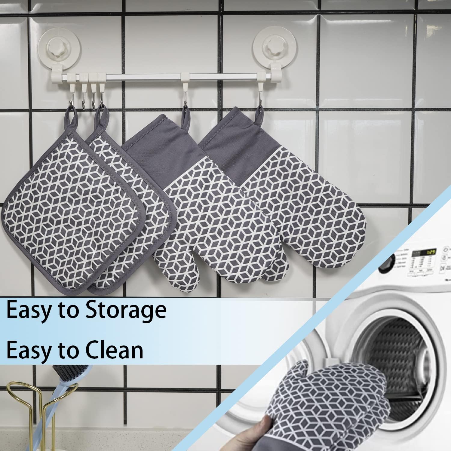 Oven Mitts and Pot Holders Sets 6pcs, Thick Cotton Oven Gloves High Heat Resistant 500℉with Extra Long Oven Mitts and Hot Pads Potholders with Non-Slip Silicone Surface for Cooking Baking - Image 9