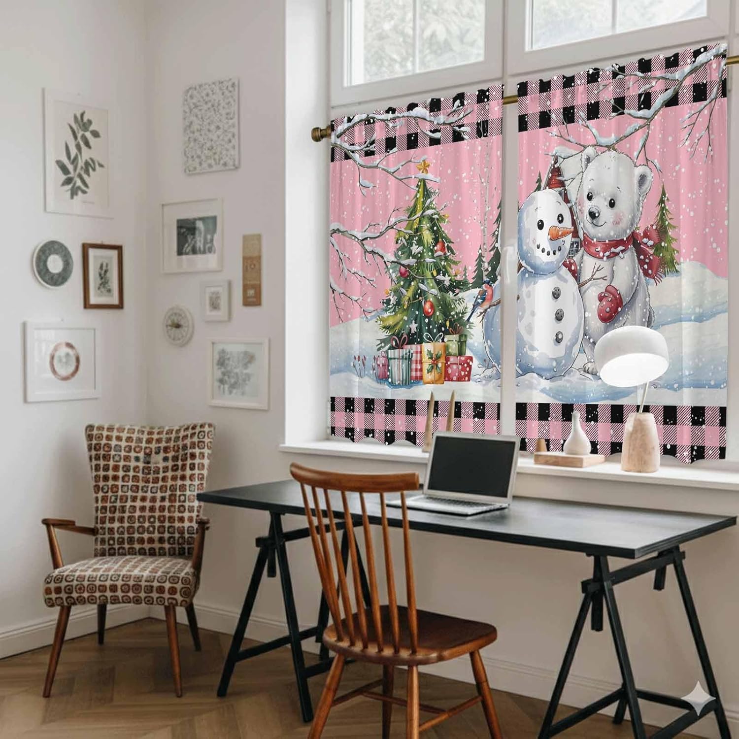 Pink Christmas Kitchen Tier Curtains 45 Inch Long 2 Panel Set,Rod Pocket Short Window Treatment,Xmas Tree Snowman Bear Snowfall Plaid Curtains & Drapes for Bathroom Basement 27.5"W x 45"L