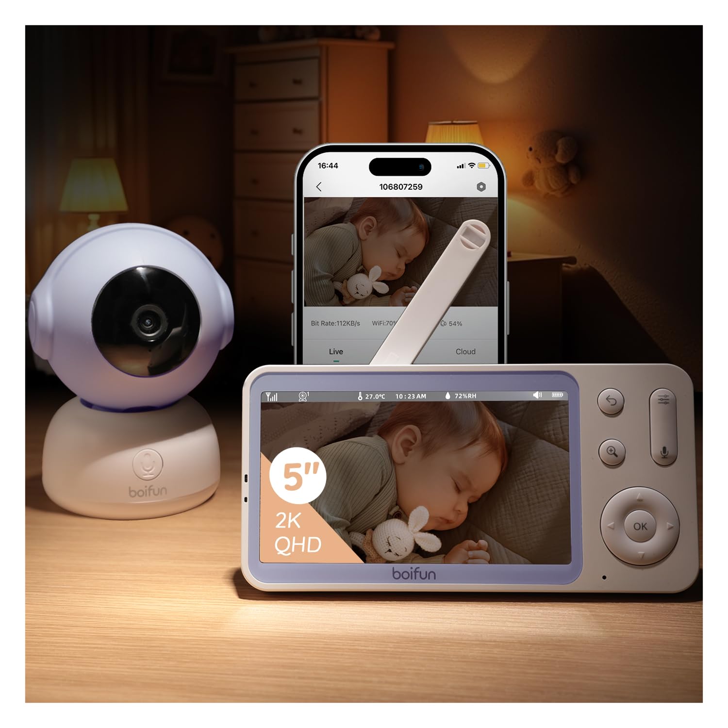 Boifun Video Baby Monitor WiFi 2K con Display 5”, Doppio Controllo (App e Monitor), Visione Notturna Senza Disturbi, Rilevamento Pianto/Movimento/Temperatura/Umidità, 360° Rotazione, 19h Autonomia