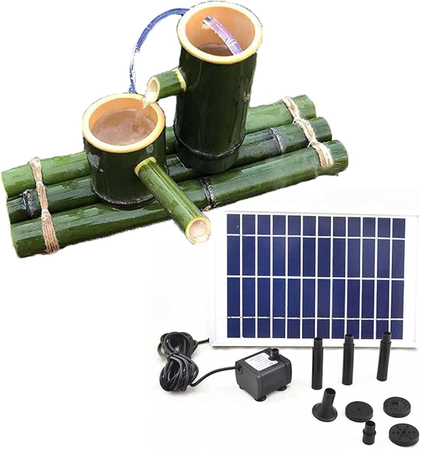 Bamboo Fountain, Solar Water Feature with Pump, Zen Garden Ornament, Outdoor Feng Shui Decor, Fish Tank Circulator, Balcony Pond Pool Lawn Decoration, 15.7in