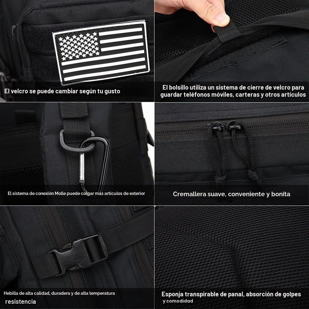 Mochila Táctica Impermeable 45L Gran Capacidad Nylon 600D Múltiples Bolsillos para Senderismo Acampada, Montañismo, Caza, Aire Libre Ciclismo y más