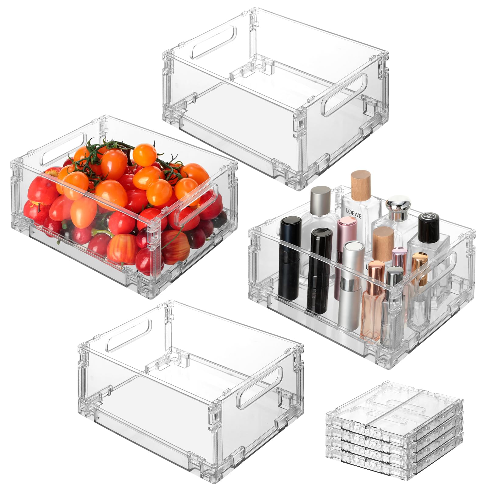 VINATO Set Da 4 Organizer Frigorifero, Contenitori Frigo Trasparenti, Impilabile, Senza BPA - Organizer Cucina, Organizer Bagno- Per Alimenti, Cosmetici E Articoli Da Ufficio