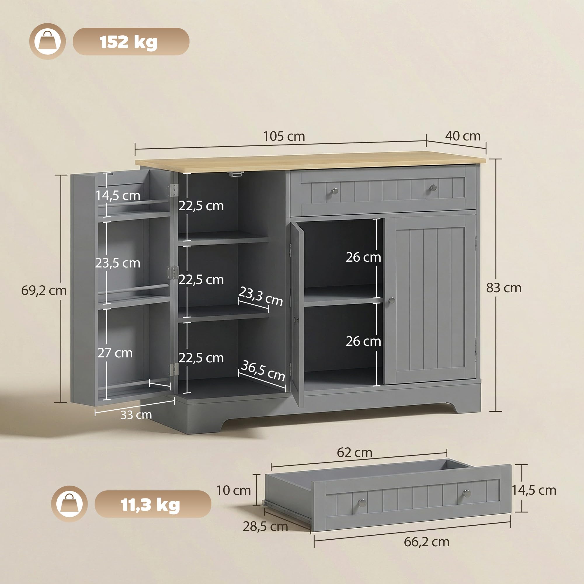 HOMCOM Aparador de Cocina, Armario de Cocina con 3 Estantes de Puerta, 1 Cajón, Estantes Ajustables, Aparador para Comedor, 105x40x83 cm, Gris