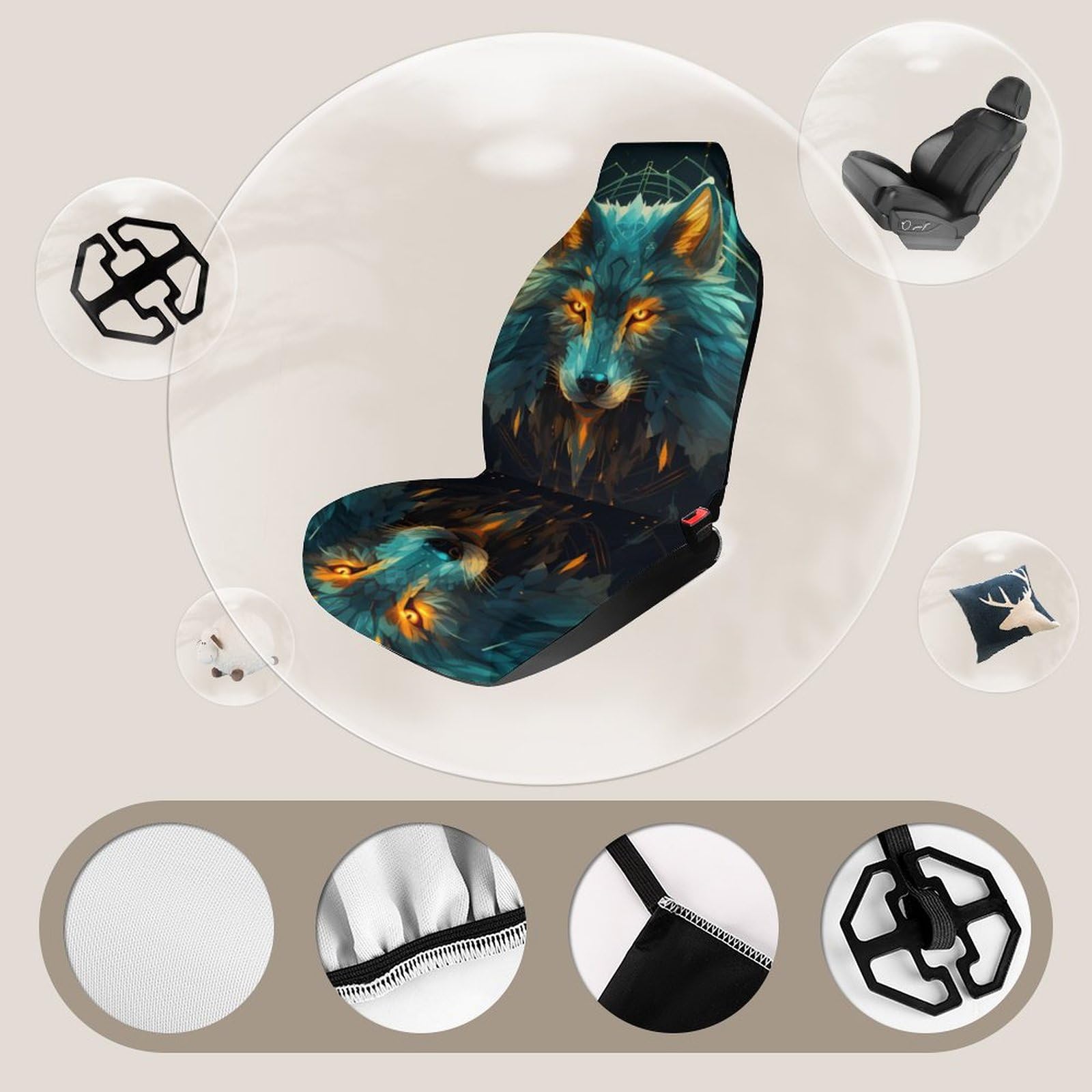 ELEQIN Smoke Wolf Car Front Seat Covers, Halloween 2 Pack Polyester
