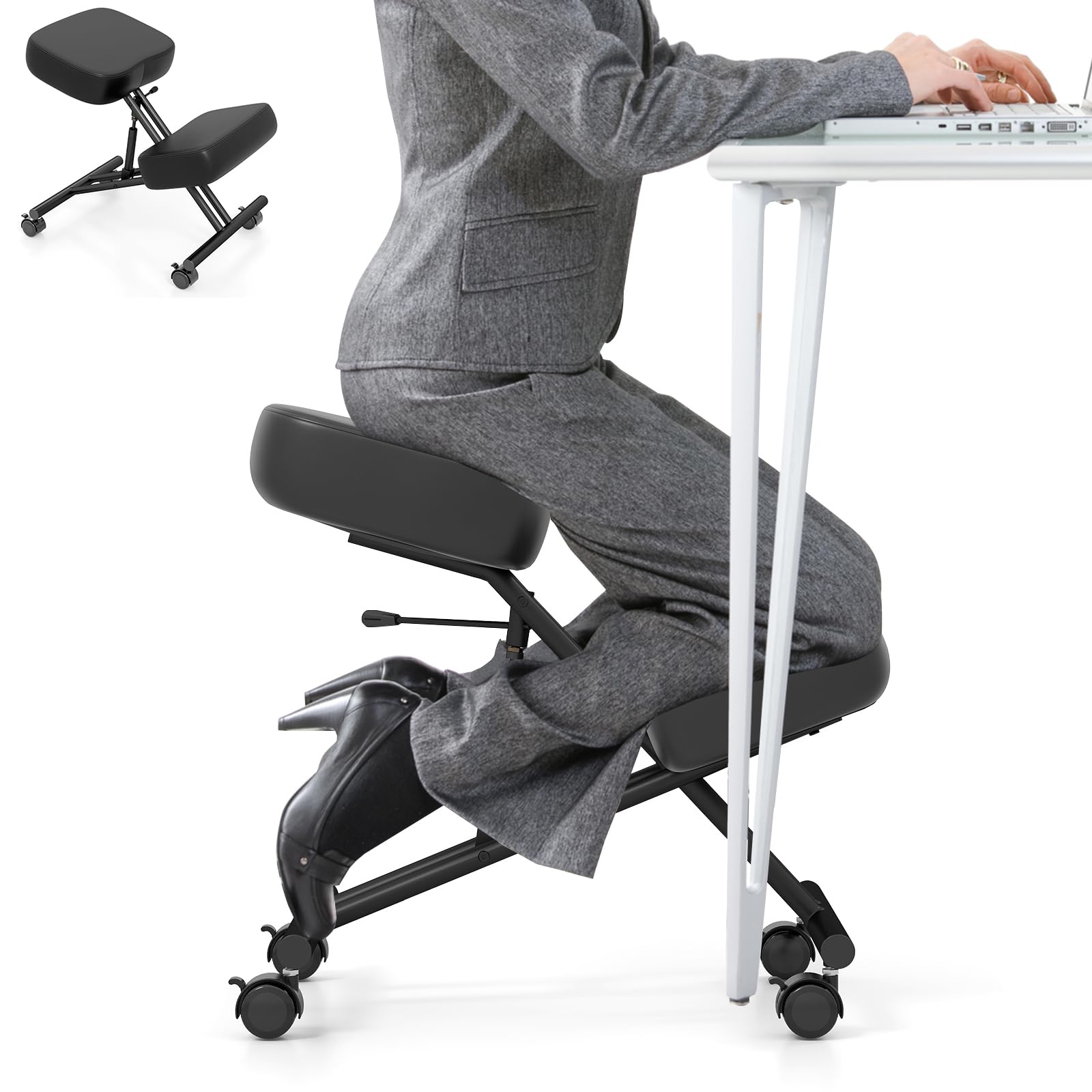 RELAX4LIFE Sedia a Ginocchio, Sedia Ergonomica a Ginocchio Regolabile in Altezza, Sgabello Imbottito da Ufficio con Ruote Universali Bloccabili, Ufficio, Home Office (72 x 46 x 68 cm)