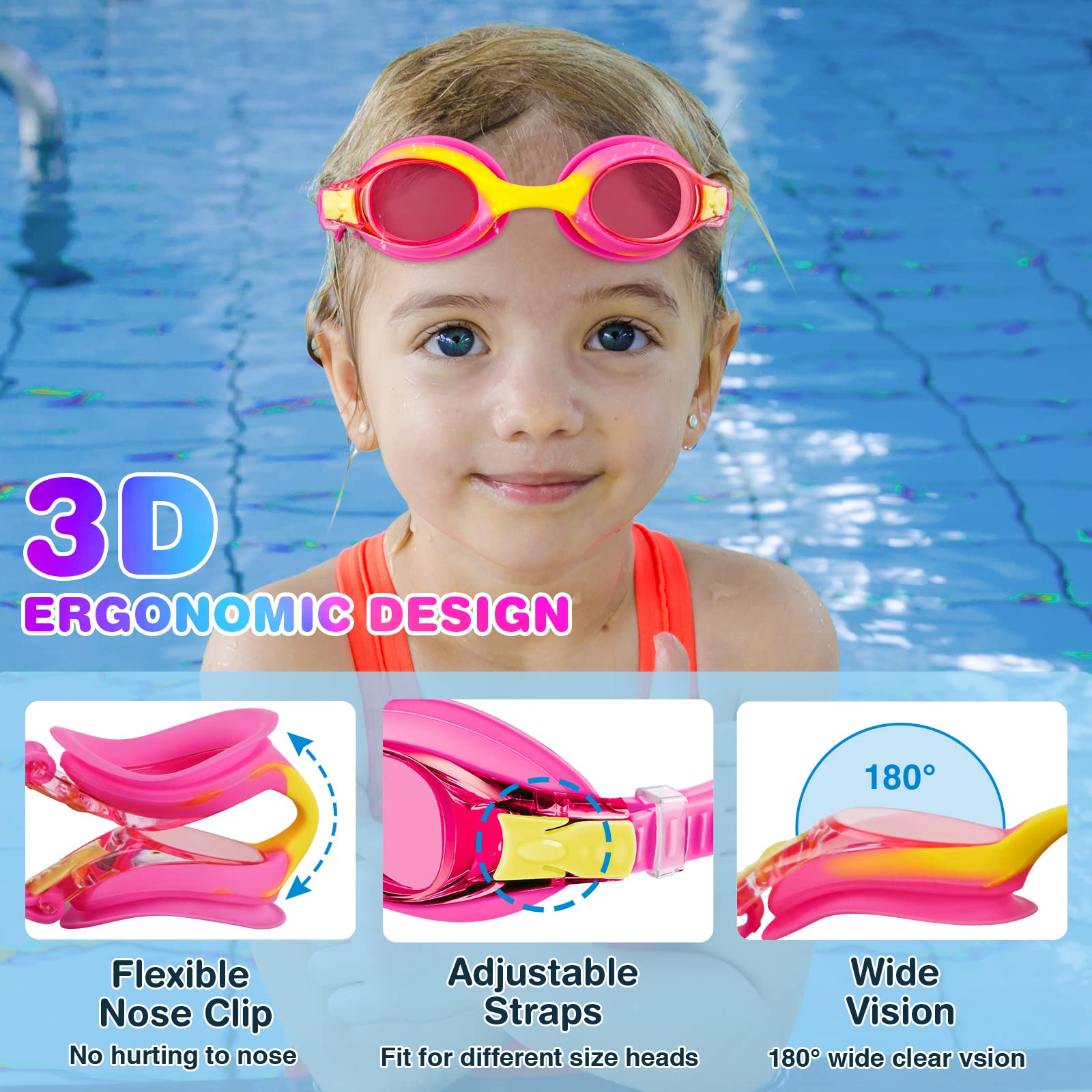 XDX Gafas de natación para niños de 4 a 14 años, paquete de 4 para niños y niñas, antivaho con protección UV