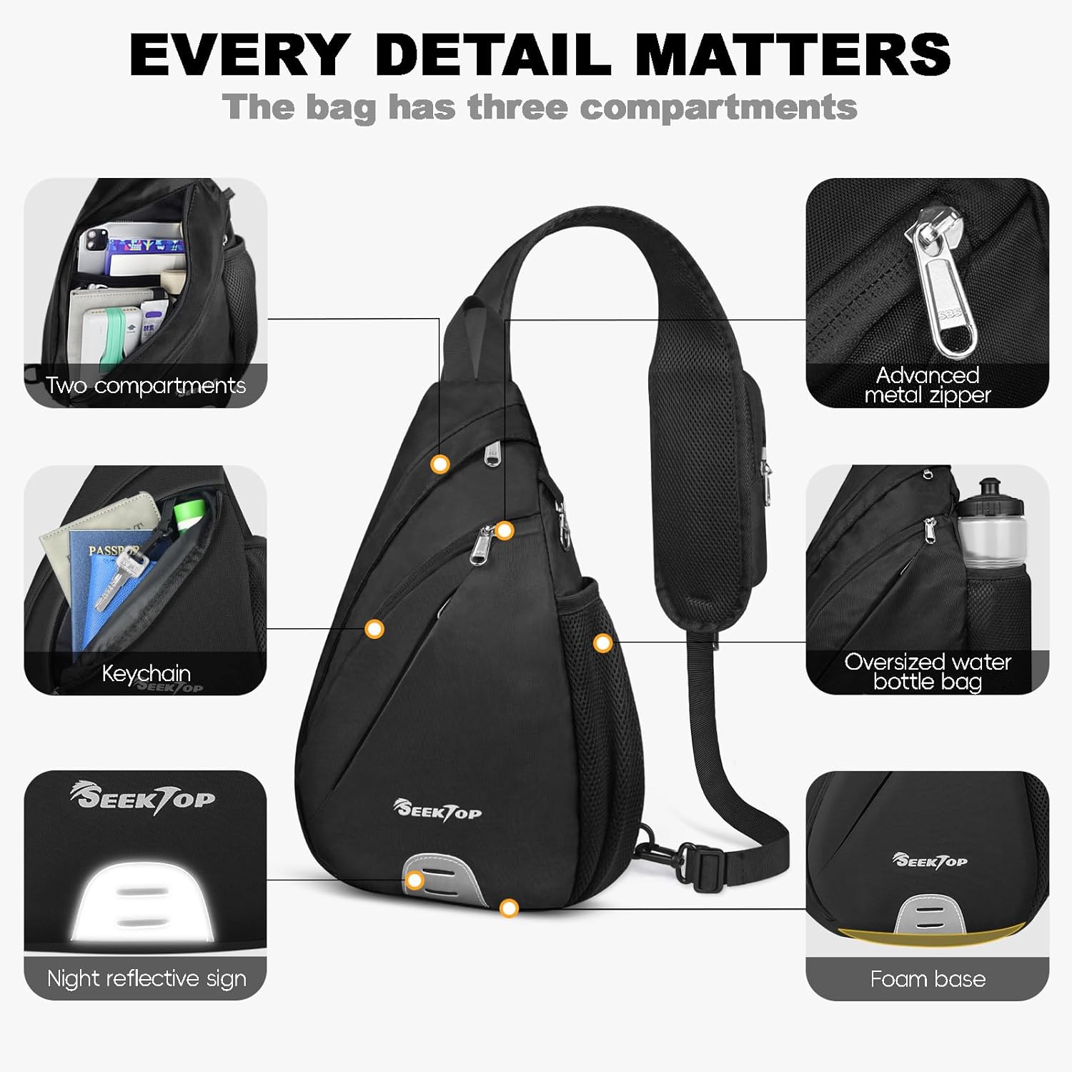 Seektop Anti Theft Crossbody Bag for Women RFID Blocking Waterproof Sling Backpack Lightweight 400D Nylon Small Chest Pack Shoulder Bag for Travel Hiking Commuting Men Black