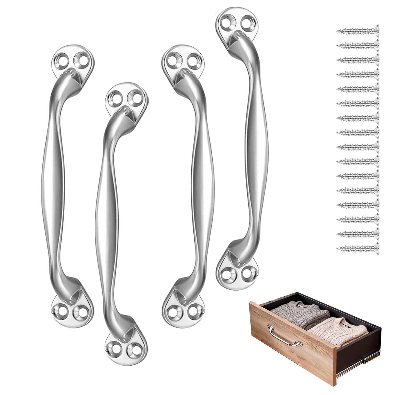 Lechisenop 4 Pcs Doors Pull Handles Sliding Door Handles Door Pull Handle Retro Bow Shaped Garden Gate Garage Shed Cabinets Door Grab Handles with Screws 128 mm Suitable for Gates and Doors (Silver)