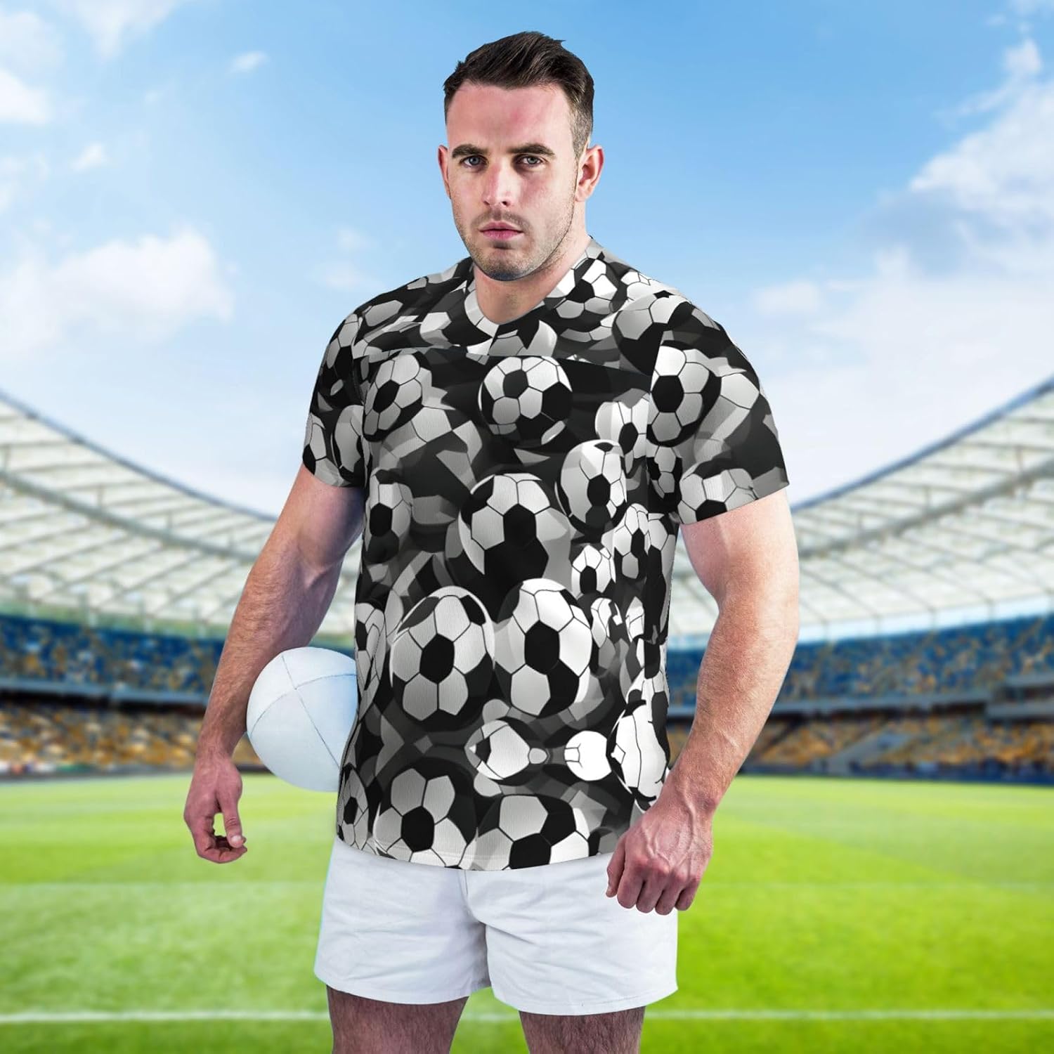 Black and White Soccer Ball Pattern Rugby Football Jersey for Men, Comfortable V-Neck Loose Fit Top for Team Sports Athletics