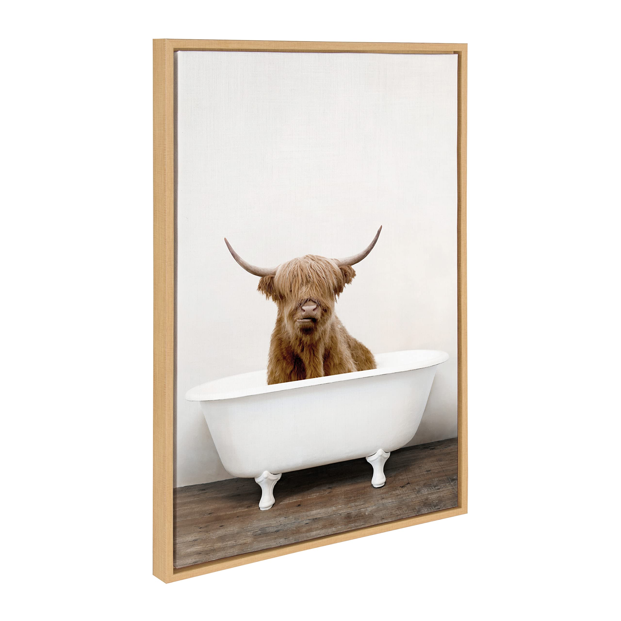 Kate and LaurelSylvie Highland Cow in Tub Color Framed Canvas Wall Art by Amy Peterson Art Studio; 23 x 33; Natural; Rustic Farmhouse Bathroom; Laundry Room Art