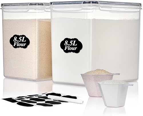Vtopmart Paquete de 2 recipientes de almacenamiento de harina y azúcar extra grandes de 8.5 litros para harina de 20 libras, recipientes herméticos