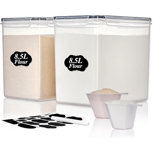 Vtopmart 8.5L 2 Pack Extra Large Flour Sugar Storage Containers, Each for 10lbs flour, Airtight Kitchen Pantry Organization Canisters with Lids for Bulk food, Rice, Baking Supplies, BPA Free, Black