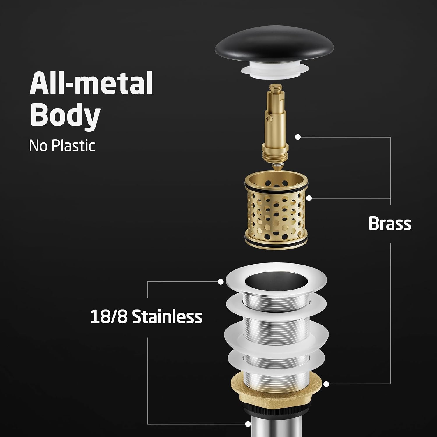 Ceramic Cap Bathroom Sink Drain No Overflow, KES Black Pop Up Drain Sink Drain Stopper with Strainer Basket All-Metal Body Matte Black, S2018D-CB