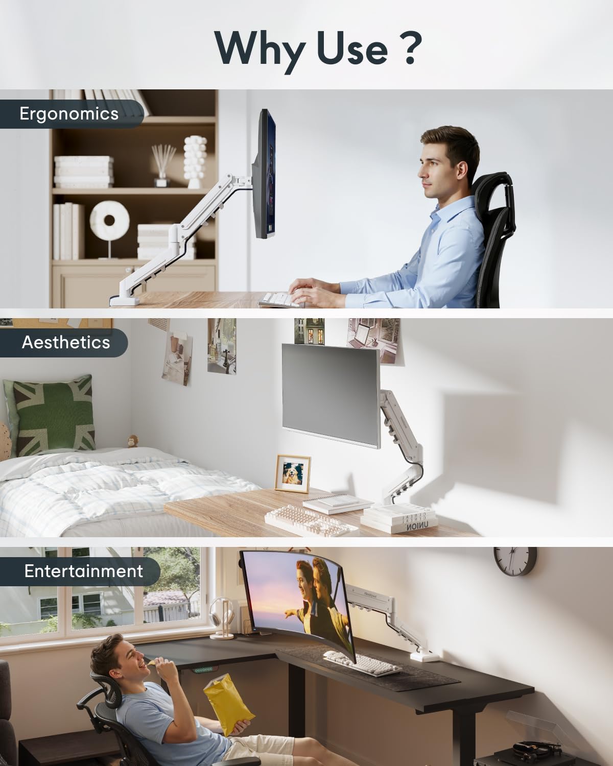 Flexispot Single Monitor Arm, 17-32 Inch Monitor Mount up to 19.84 lbs, Fast Install VESA Mount for Home Office Gaming, Full Adjustable Gas Spring with C-Clamp and Grommet Base, White