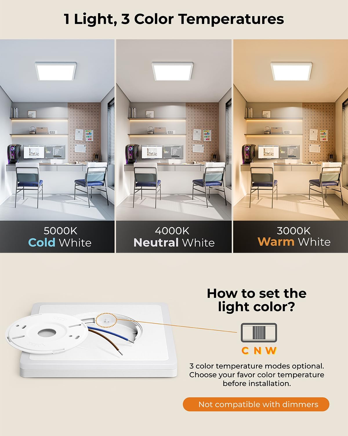 Image showing three different color temperatures (5000K Cold White, 4000K Neutral White, 3000K Warm White) and a diagram of a switch on the back of the light for selecting the color temperature before installation.