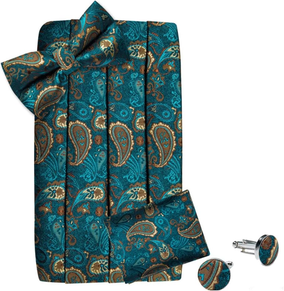 Mens Classic Teal Green Silk Elastic Bellyband Tuxedo Bow Tie Set for Formal Wedding Waist Band