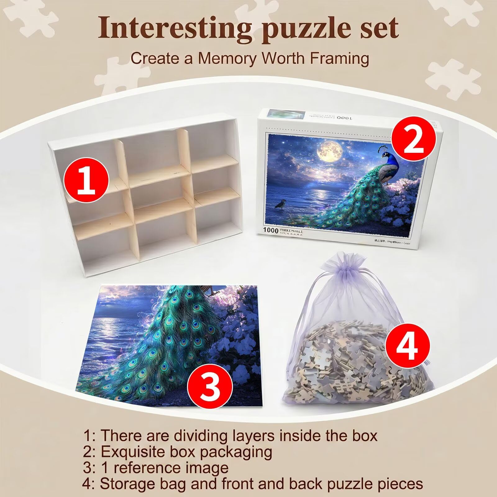 Pavo real luna-2 Puzzle de 1000 Piezas, Juego de Mesa Familiar de Madera - Rompecabezas Adultos para Toda La Familia,Rompecabezas Educativo DIY y Antiestrés - Con mapa de referencia, 75 x 50 cm f0-593