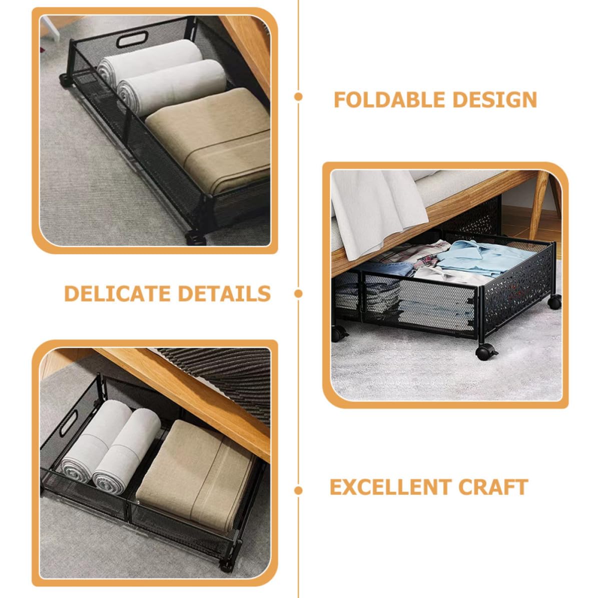 ifundom Organizer Sotto Letto Pieghevole Cassetto e Ruote in Acciaio Inossidabile e Plastica, Capacità Ampia per Riporre Abbigliamento, Adatto Sotto Letto o Divano