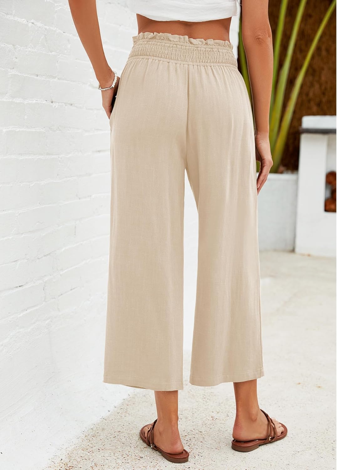 GRAPENT Capri Pants for Women High Waisted Wide Leg Linen Palazzo Trousers Pull On Elastic Smock Waist Loose Flowy Pants - Image 2