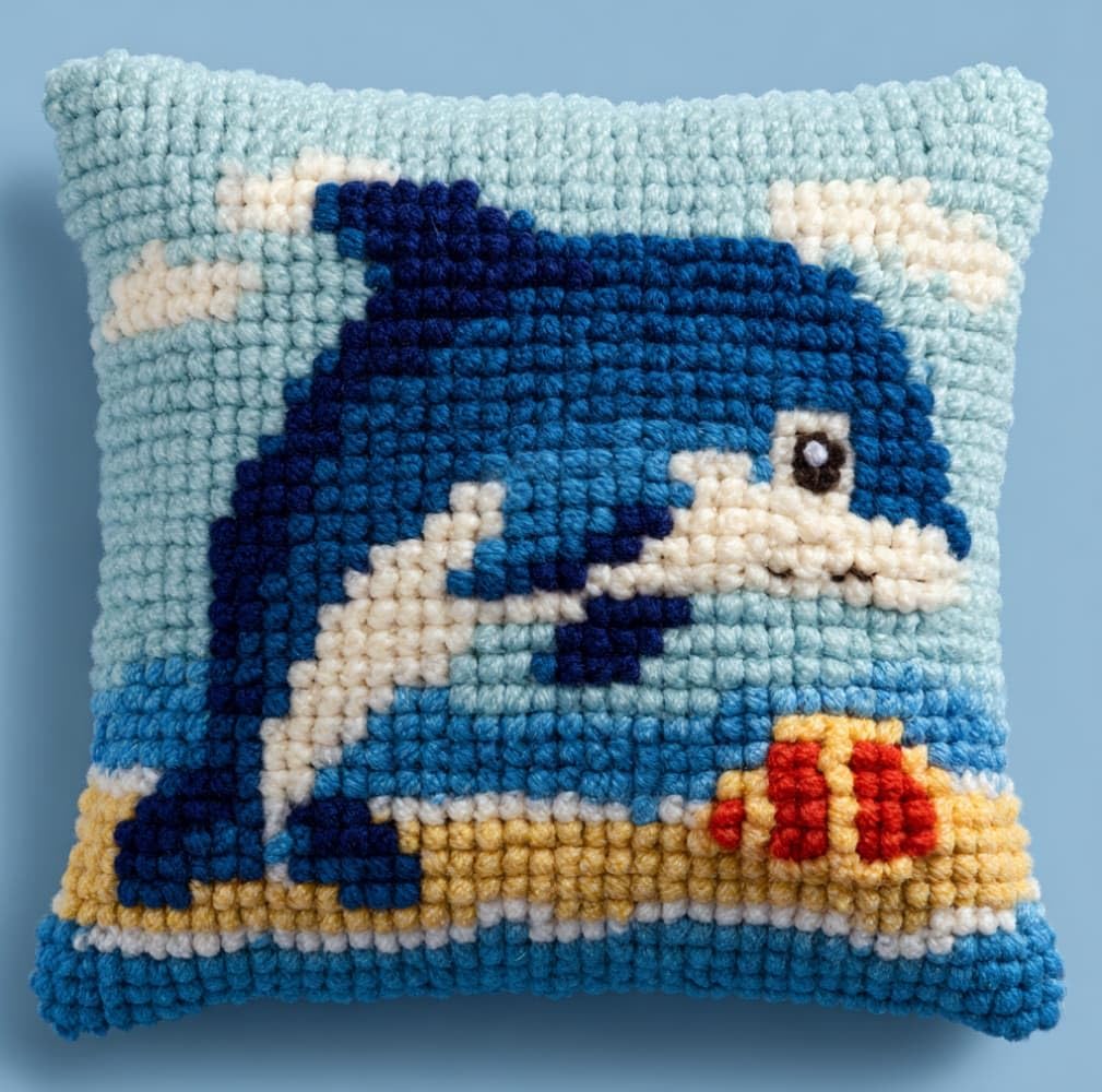AxiangziK Pre-Printed Latch Hook Pillow Kit for Adults,Cute Dolphins Beginners DIY Crochet Pillow Kit 17X17Inch Needlework Cushion Cover for Home Sofa Decoration