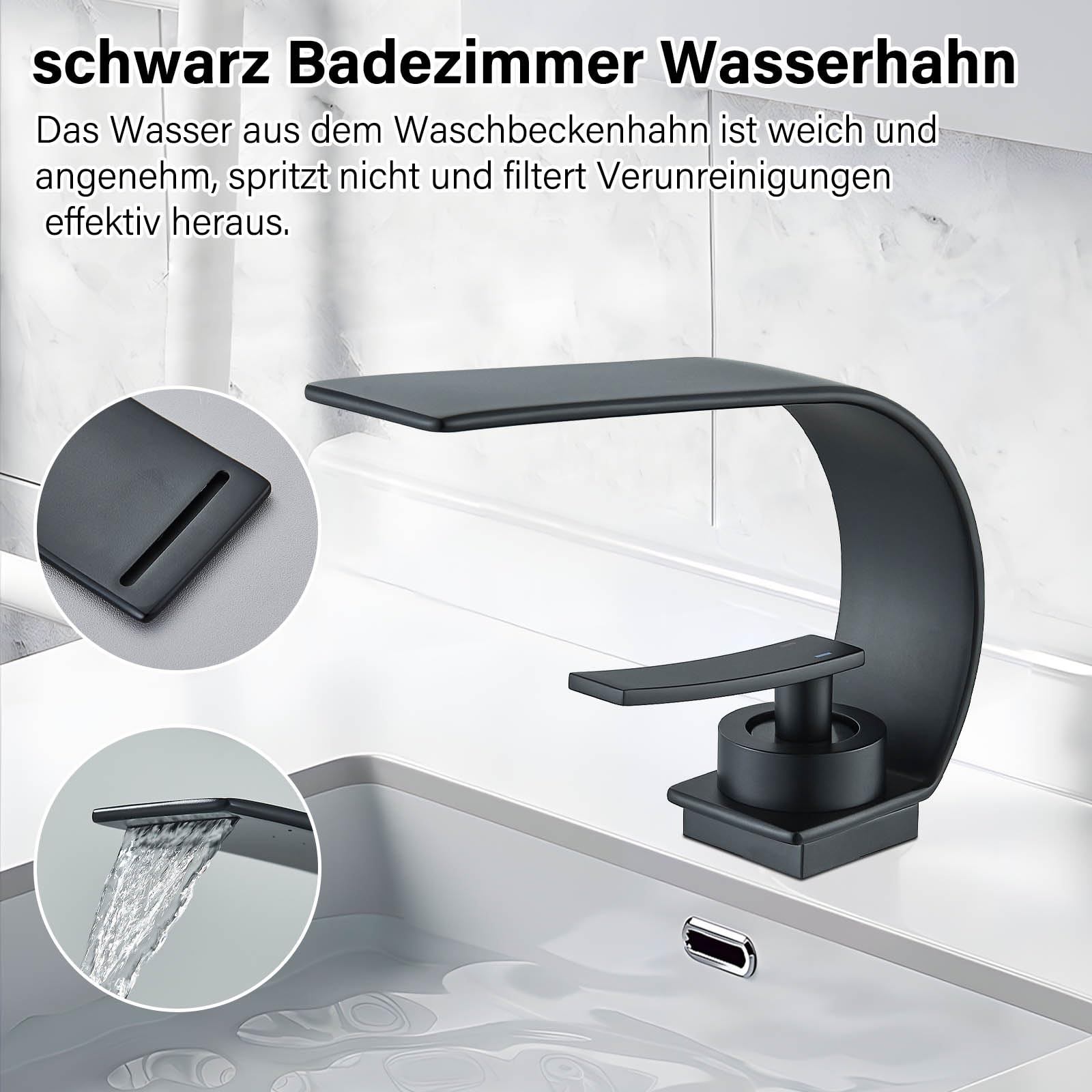 Wasserfall Wasserhahn Bad Edelstahl Wasserhahn Badezimmer Einhebelmische mit Warm und Kalt Wasser Wassersparend Energiesparend schwarz