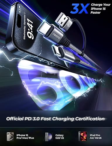 Vista 3 de AINOPE Cable USB C a USB C, paquete de 2 cables USB C de 6 pies de carga rápida con adaptador USB a USB C, cable USB a USBC de 60 W para iPhone 17