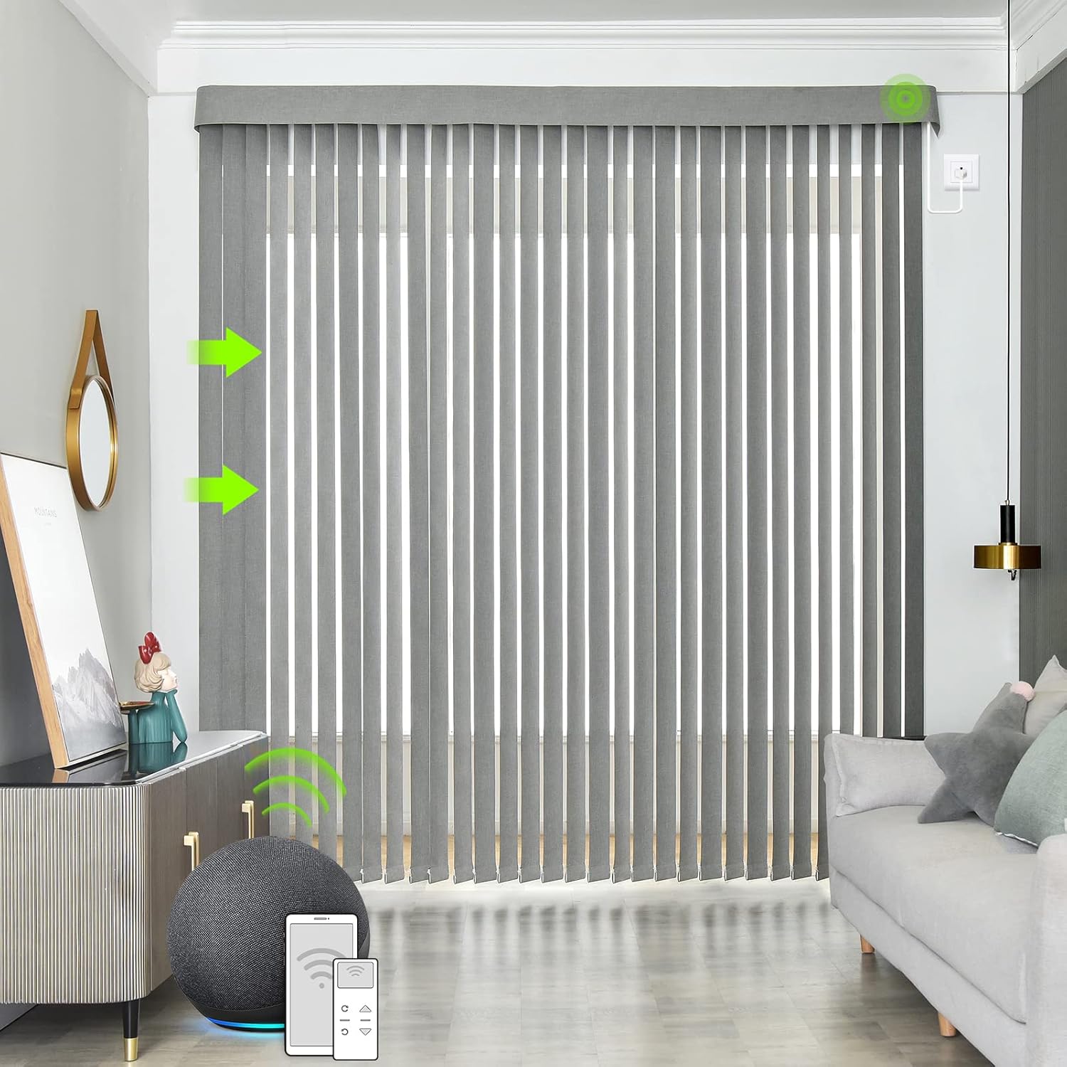 Yoolax Motorized Vertical Blinds Compatible with Alexa, Light Filtering Smart Window Blind Customized Size, Privacy Light Control Slats, Blackout Remote Electric Blinds(Blackout Light Grey)