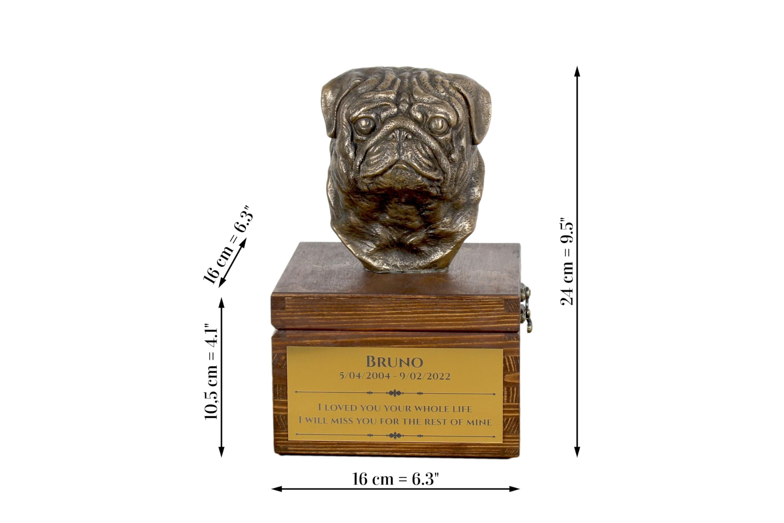 Art-Dog Handmade Custom Hund Gedenkurne - Bronze-Kaltguss Hundekopf auf Birke Basis - Langlebige personalisierte Hund Kremation Box - 16x28x16cm - Mops-Mopps
